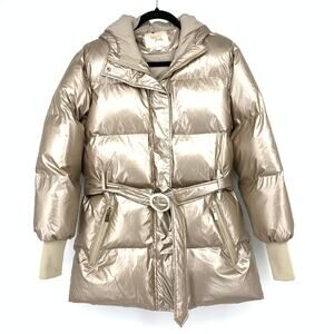 Toast Society Luna Puffer Jacket Womens Size Small Gold Metallic Belted
